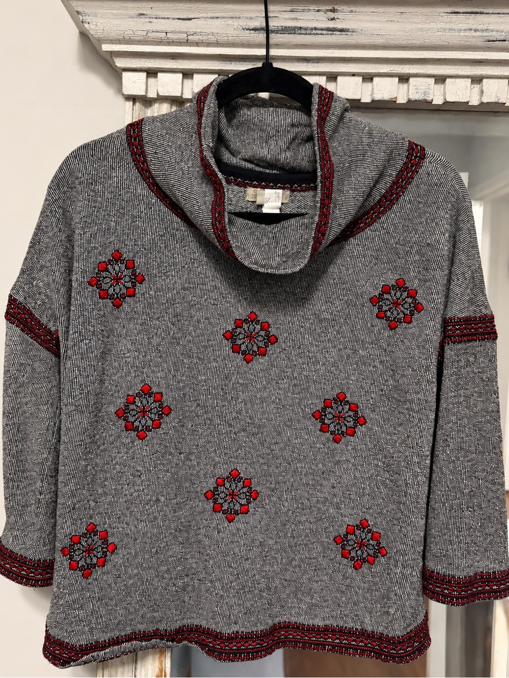 Lucky Brand Gray Cowl Neck Sweater with Burgundy Embroidered Motifs